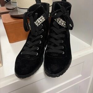 White House Black Market Black Velvet Lace-Up Boots with Crystal Accents